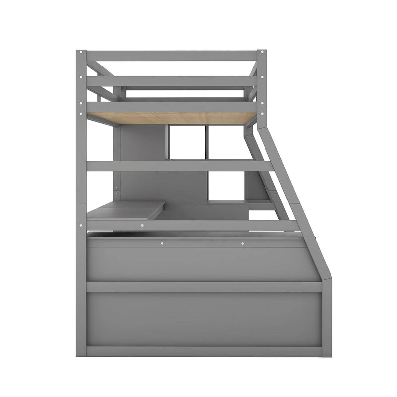 Gray Twin Size Wood Loft Bed with Drawers, Shelves, Ladder, and Desk