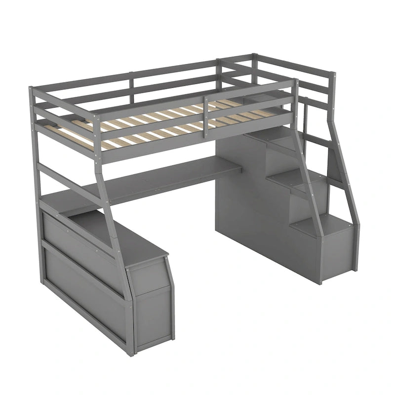 Gray Twin Size Wood Loft Bed with Drawers, Shelves, Ladder, and Desk