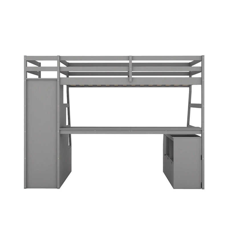 Gray Twin Size Wood Loft Bed with Drawers, Shelves, Ladder, and Desk