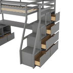 Gray Twin Size Wood Loft Bed with Drawers, Shelves, Ladder, and Desk