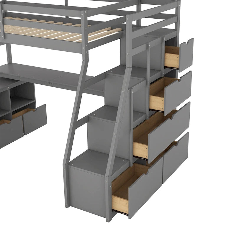 Gray Twin Size Wood Loft Bed with Drawers, Shelves, Ladder, and Desk