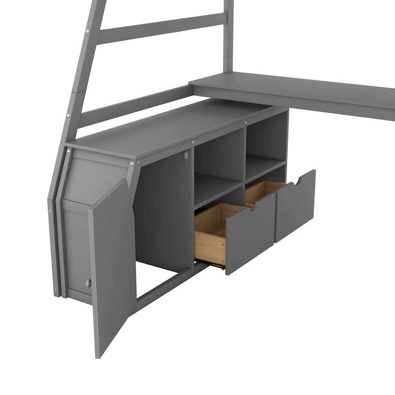 Gray Twin Size Wood Loft Bed with Drawers, Shelves, Ladder, and Desk