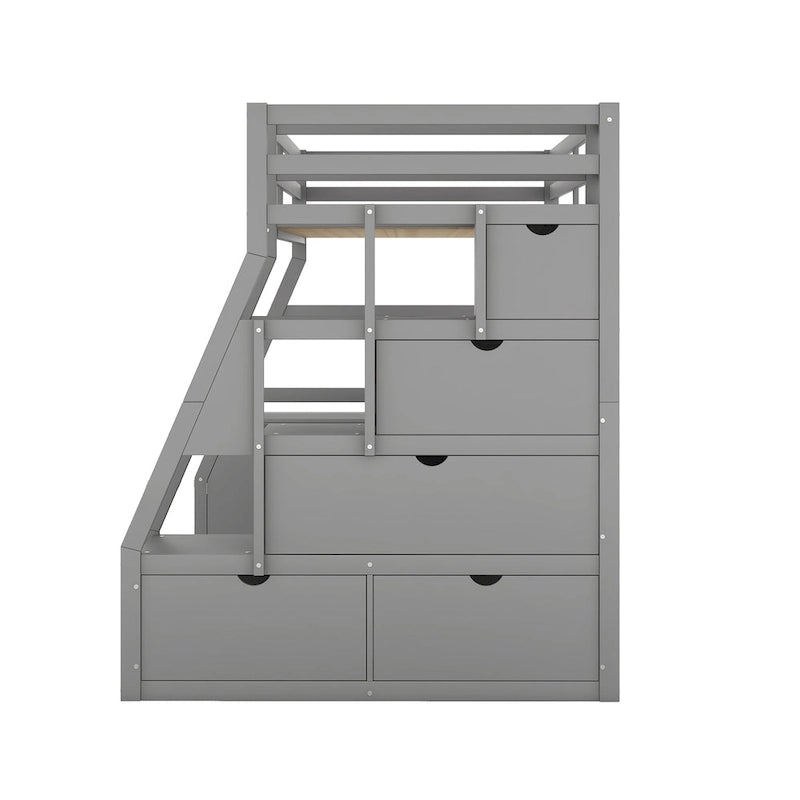 Gray Twin Size Wood Loft Bed with Drawers, Shelves, Ladder, and Desk