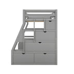 Gray Twin Size Wood Loft Bed with Drawers, Shelves, Ladder, and Desk