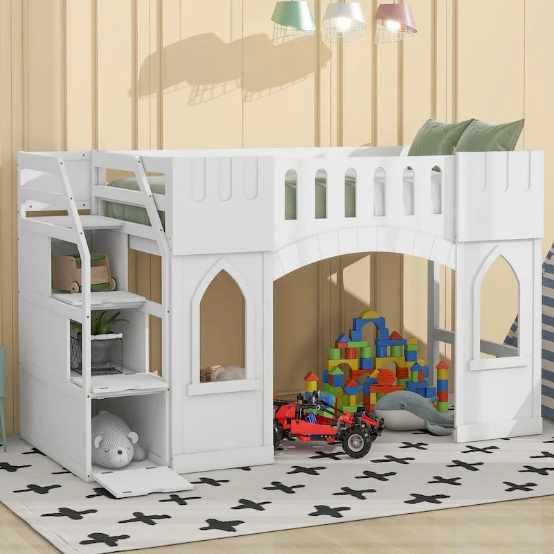 White Solid Wood Loft Bed with Storage Staircase and Window for Kids, Boys and Girls