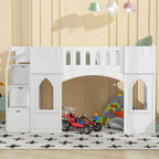 White Solid Wood Loft Bed with Storage Staircase and Window for Kids, Boys and Girls