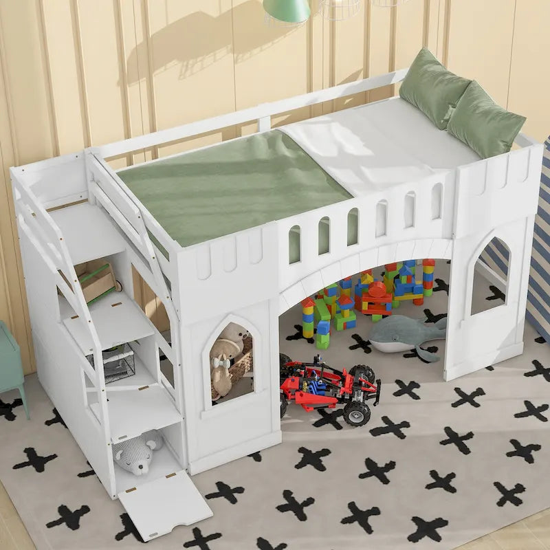 White Solid Wood Loft Bed with Storage Staircase and Window for Kids, Boys and Girls