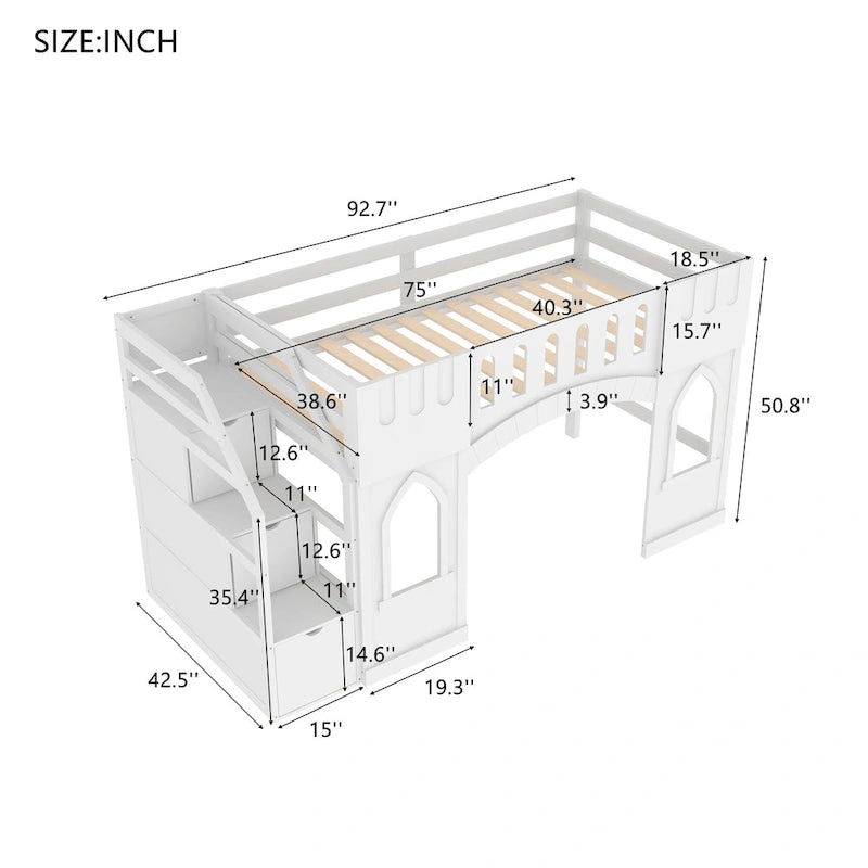White Solid Wood Loft Bed with Storage Staircase and Window for Kids, Boys and Girls