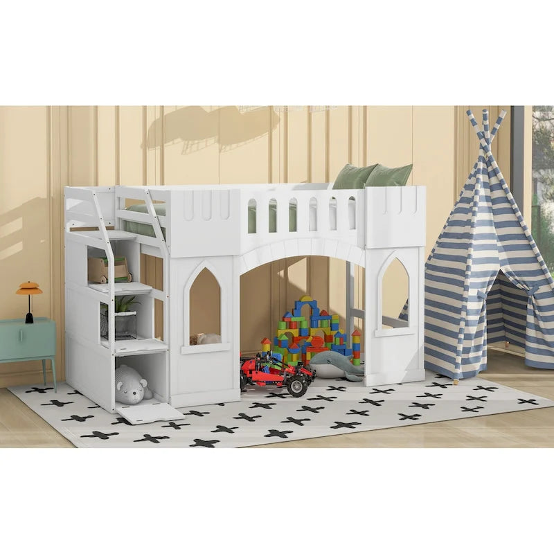 White Solid Wood Loft Bed with Storage Staircase and Window for Kids, Boys and Girls