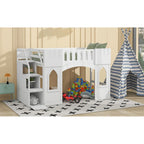 White Solid Wood Loft Bed with Storage Staircase and Window for Kids, Boys and Girls