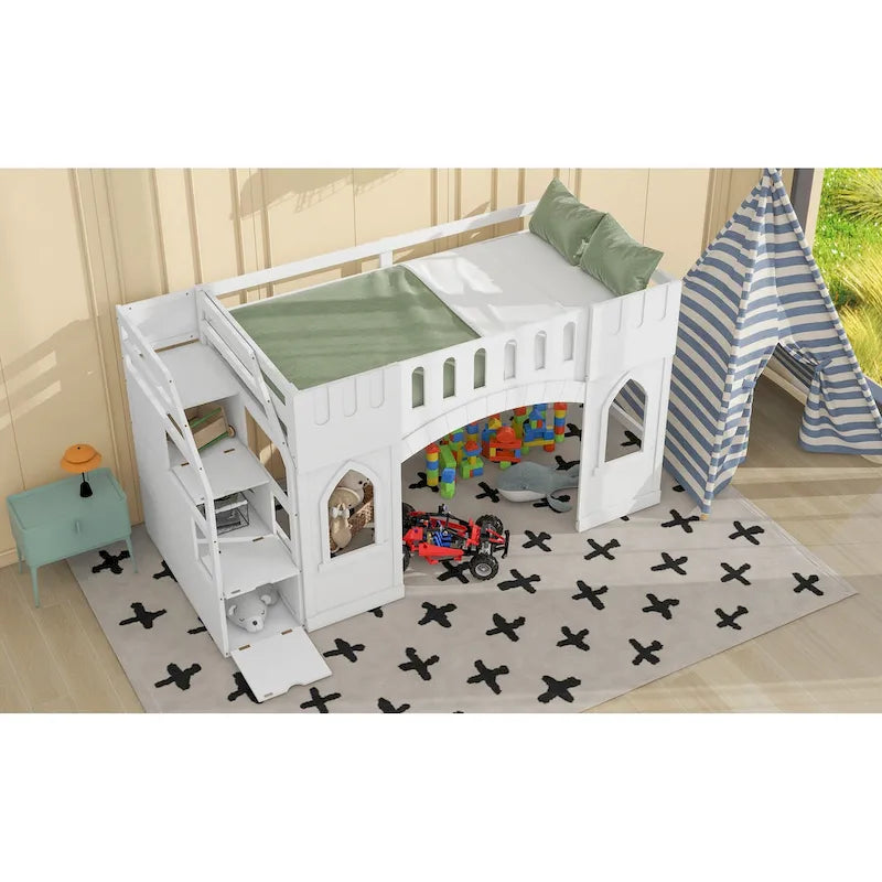 White Solid Wood Loft Bed with Storage Staircase and Window for Kids, Boys and Girls
