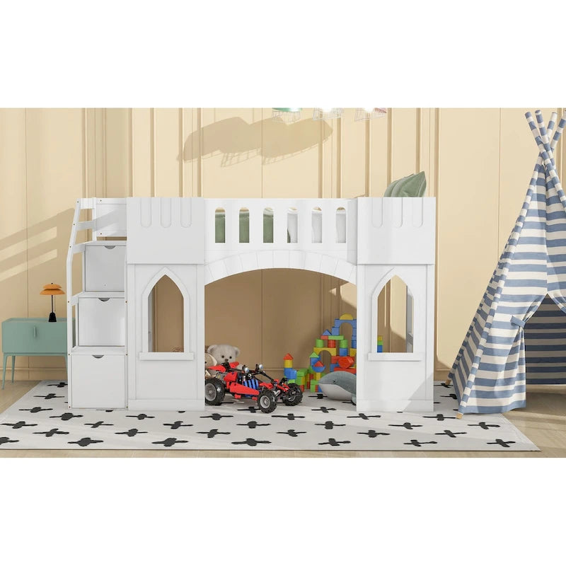 White Solid Wood Loft Bed with Storage Staircase and Window for Kids, Boys and Girls