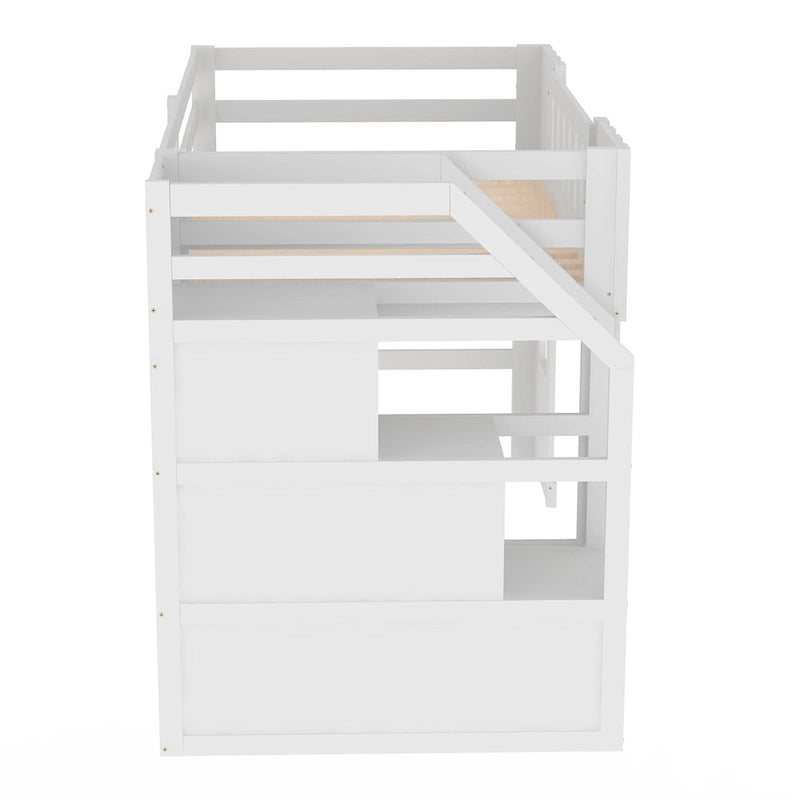 White Solid Wood Loft Bed with Storage Staircase and Window for Kids, Boys and Girls