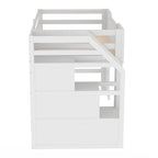 White Solid Wood Loft Bed with Storage Staircase and Window for Kids, Boys and Girls