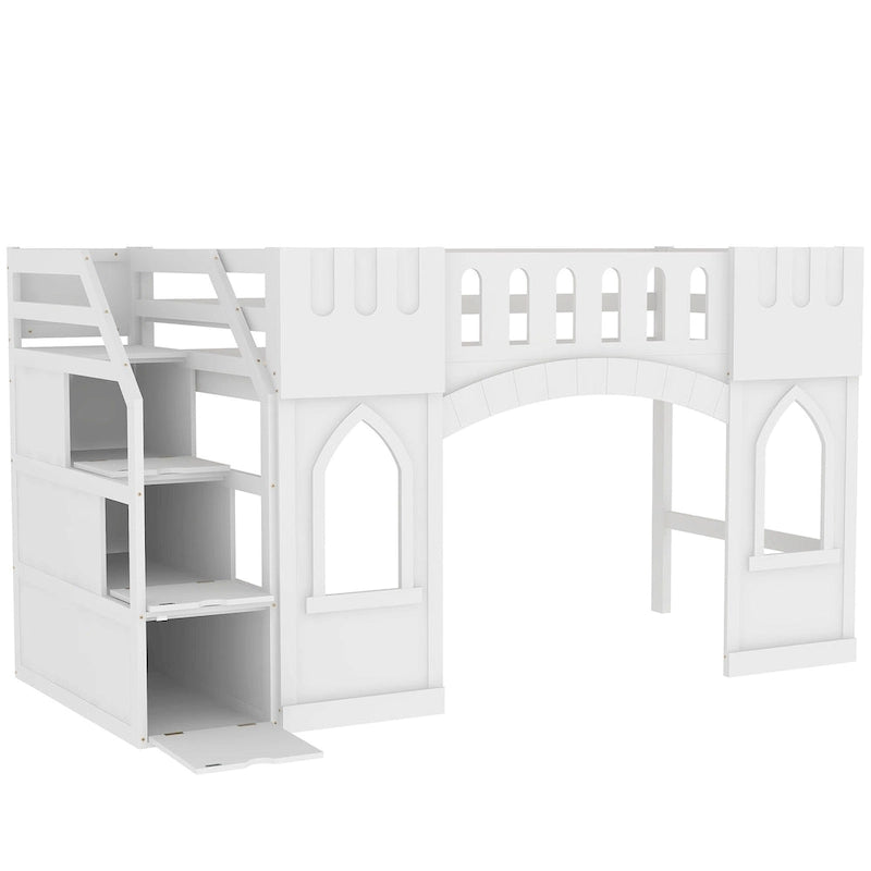 White Solid Wood Loft Bed with Storage Staircase and Window for Kids, Boys and Girls