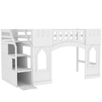White Solid Wood Loft Bed with Storage Staircase and Window for Kids, Boys and Girls