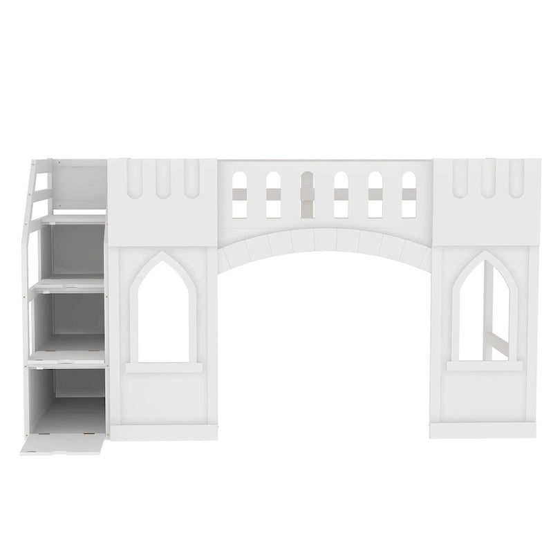 White Solid Wood Loft Bed with Storage Staircase and Window for Kids, Boys and Girls