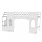 White Solid Wood Loft Bed with Storage Staircase and Window for Kids, Boys and Girls