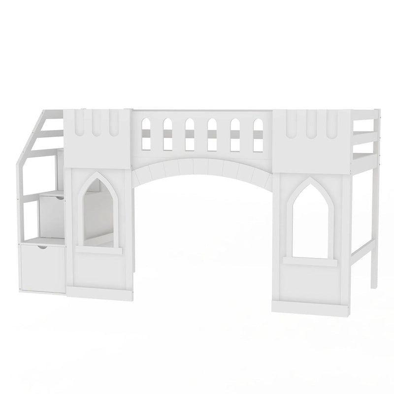 White Solid Wood Loft Bed with Storage Staircase and Window for Kids, Boys and Girls