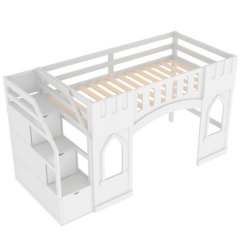 White Solid Wood Loft Bed with Storage Staircase and Window for Kids, Boys and Girls
