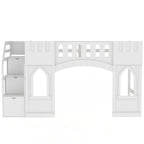 White Solid Wood Loft Bed with Storage Staircase and Window for Kids, Boys and Girls