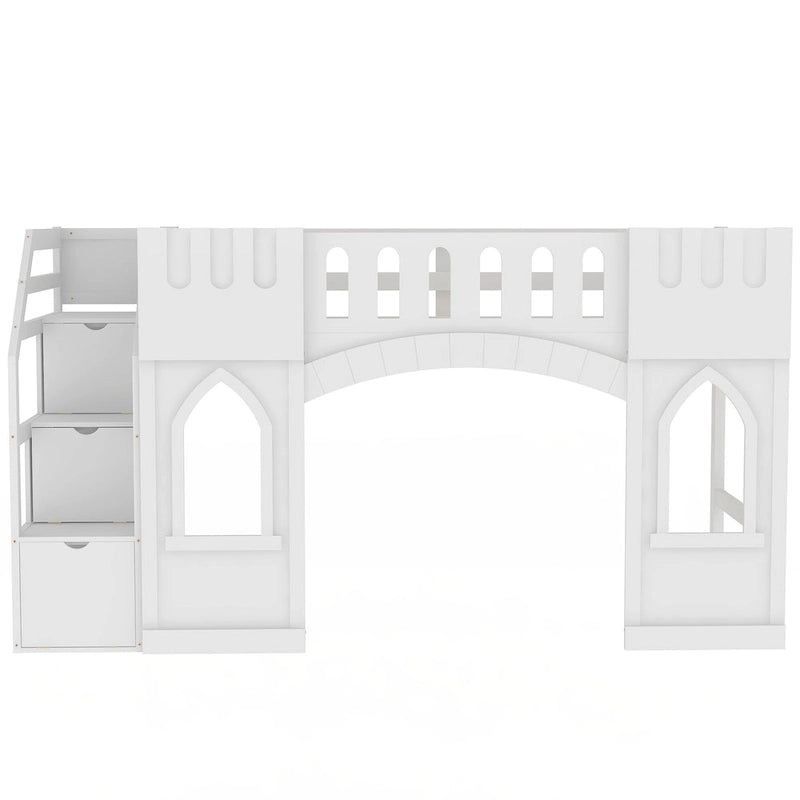 White Solid Wood Loft Bed with Storage Staircase and Window for Kids, Boys and Girls