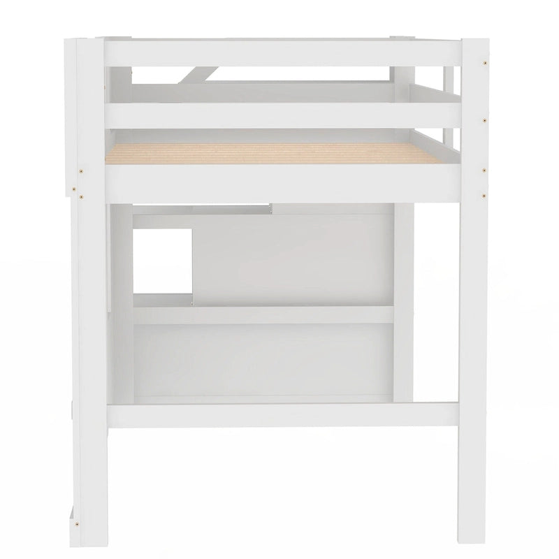 White Solid Wood Loft Bed with Storage Staircase and Window for Kids, Boys and Girls