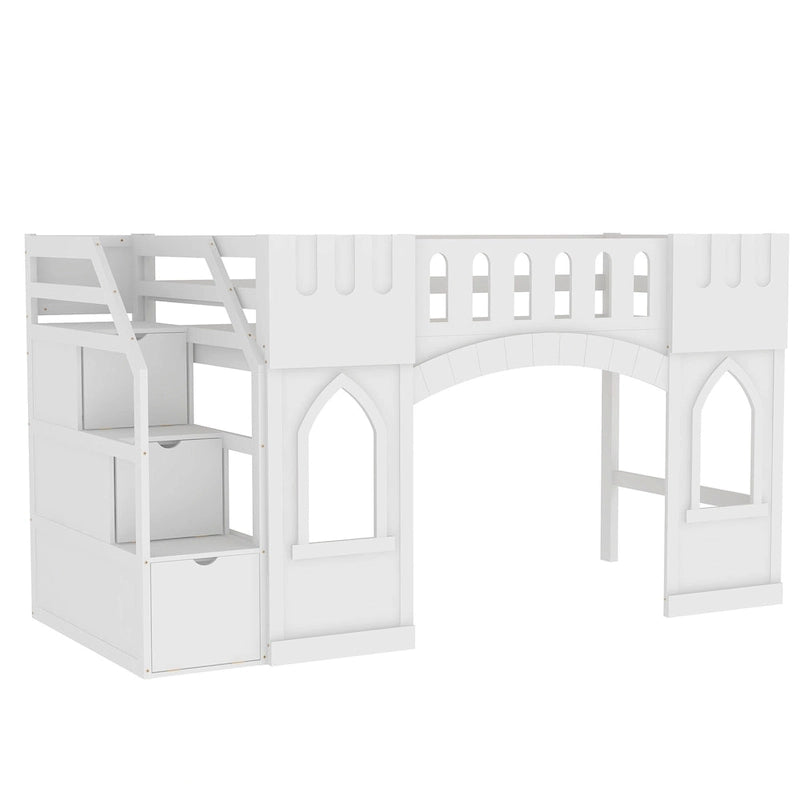 White Solid Wood Loft Bed with Storage Staircase and Window for Kids, Boys and Girls