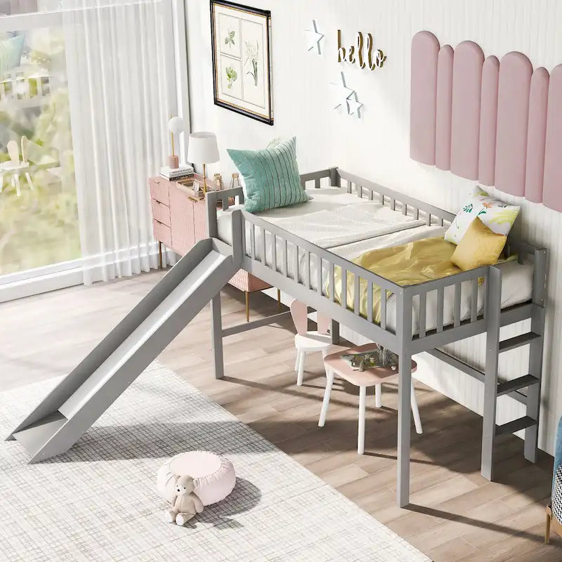 Gray Twin Size Wood Low Loft Bed with Slide