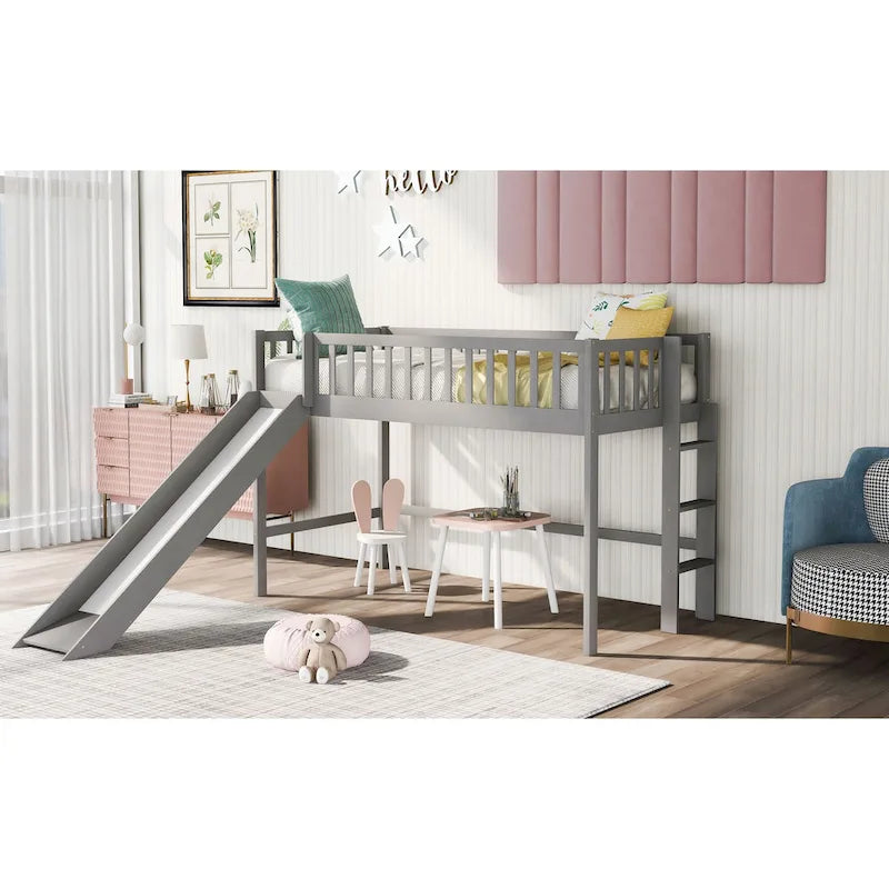 Gray Twin Size Wood Low Loft Bed with Slide