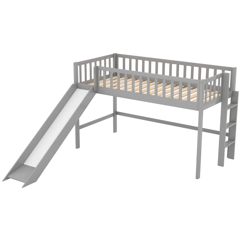 Gray Twin Size Wood Low Loft Bed with Slide