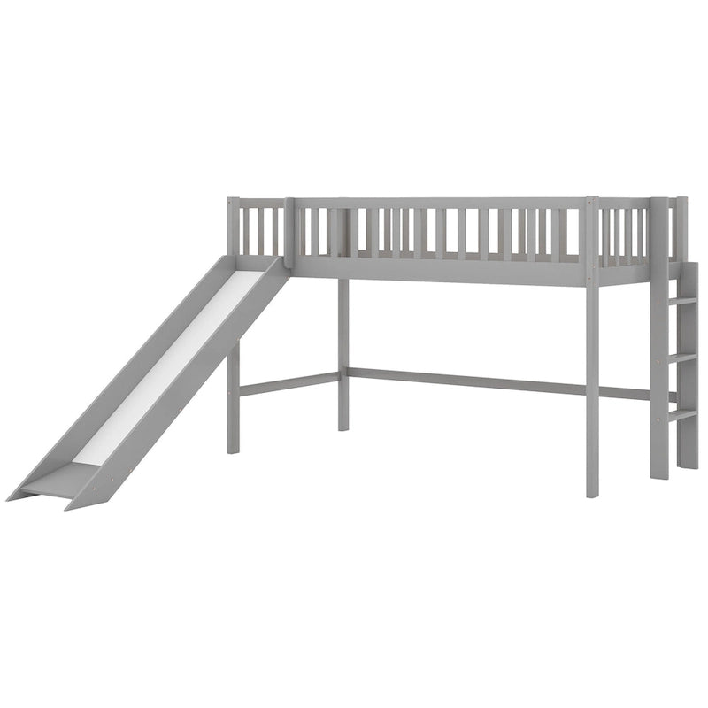 Gray Twin Size Wood Low Loft Bed with Slide