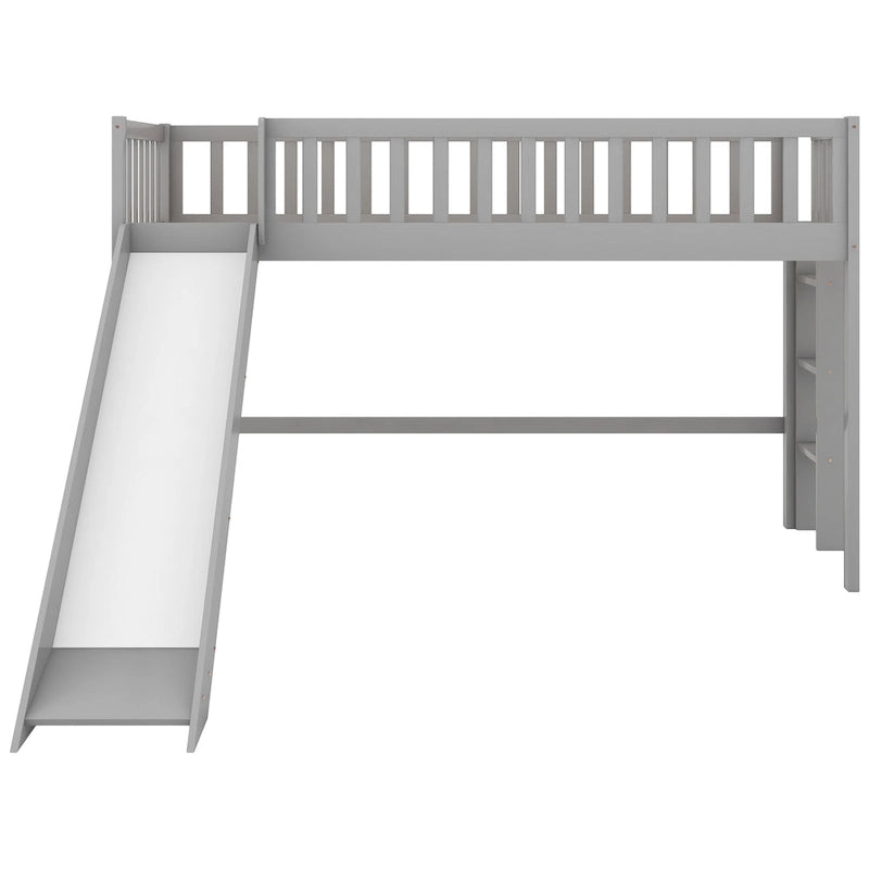 Gray Twin Size Wood Low Loft Bed with Slide
