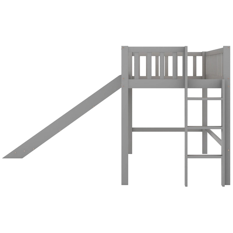 Gray Twin Size Wood Low Loft Bed with Slide
