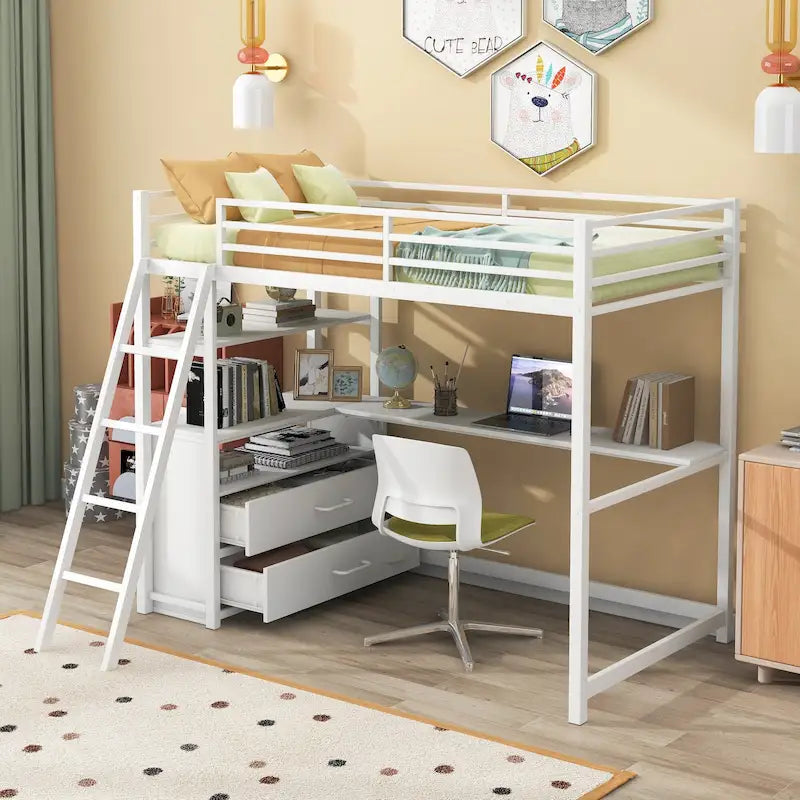 White Twin Size Metal Wood Loft Bed with Desk and Shelves, Two Built-in Drawers