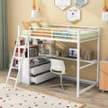 White Twin Size Metal Wood Loft Bed with Desk and Shelves, Two Built-in Drawers