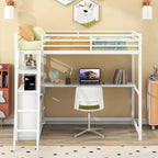 White Twin Size Metal Wood Loft Bed with Desk and Shelves, Two Built-in Drawers