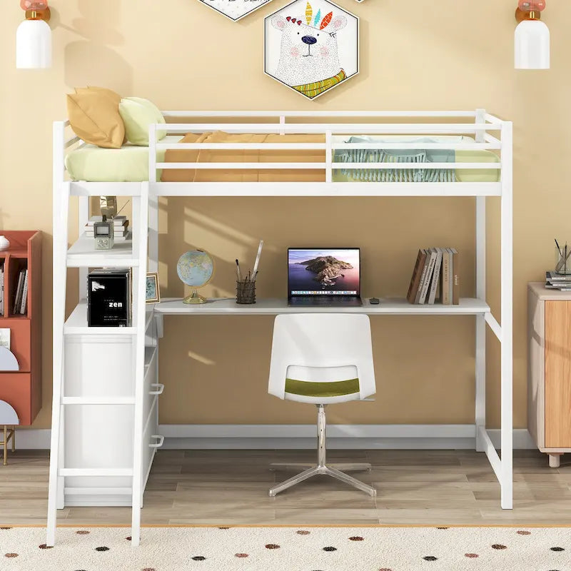 White Twin Size Metal Wood Loft Bed with Desk and Shelves, Two Built-in Drawers
