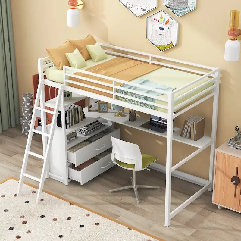 White Twin Size Metal Wood Loft Bed with Desk and Shelves, Two Built-in Drawers