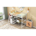 White Twin Size Metal Wood Loft Bed with Desk and Shelves, Two Built-in Drawers
