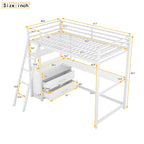 White Twin Size Metal Wood Loft Bed with Desk and Shelves, Two Built-in Drawers