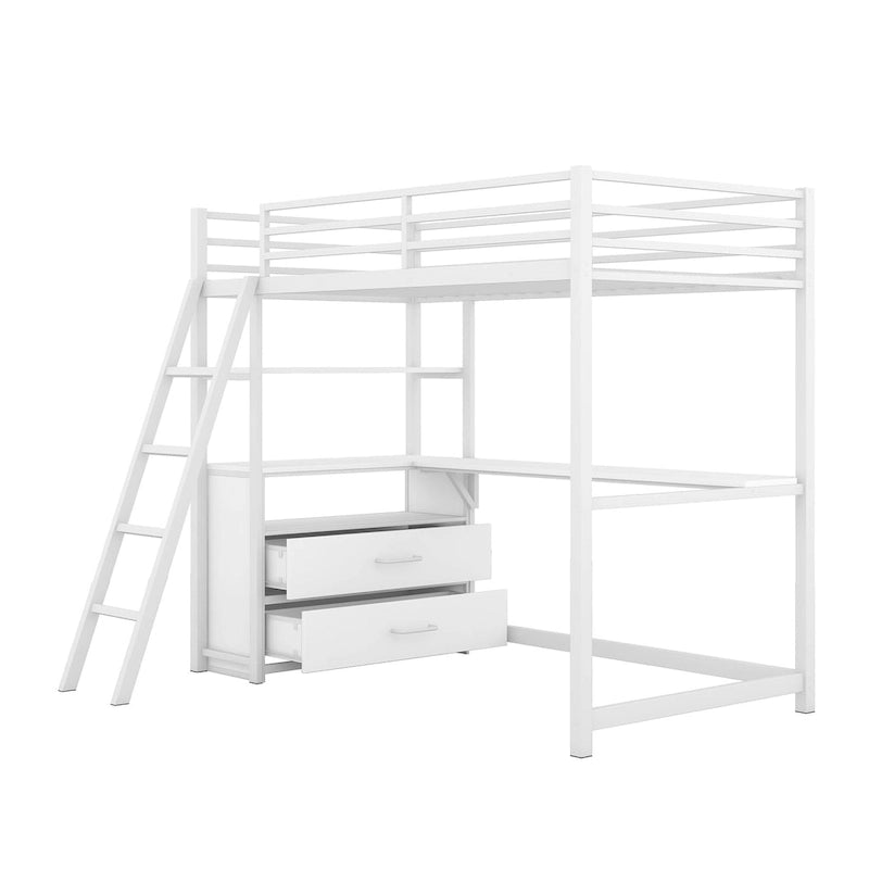 White Twin Size Metal Wood Loft Bed with Desk and Shelves, Two Built-in Drawers