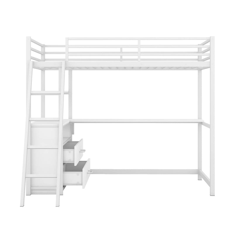 White Twin Size Metal Wood Loft Bed with Desk and Shelves, Two Built-in Drawers