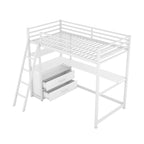 White Twin Size Metal Wood Loft Bed with Desk and Shelves, Two Built-in Drawers