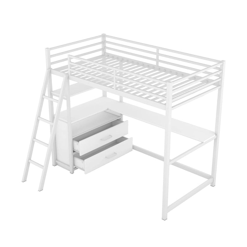 White Twin Size Metal Wood Loft Bed with Desk and Shelves, Two Built-in Drawers