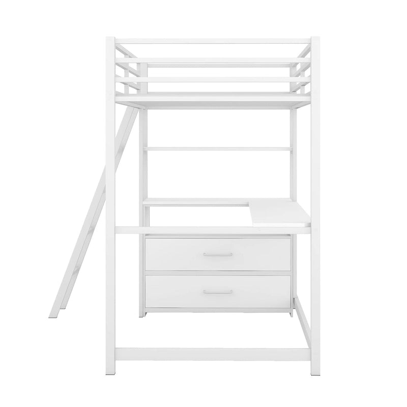 White Twin Size Metal Wood Loft Bed with Desk and Shelves, Two Built-in Drawers