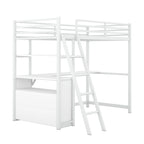 White Twin Size Metal Wood Loft Bed with Desk and Shelves, Two Built-in Drawers