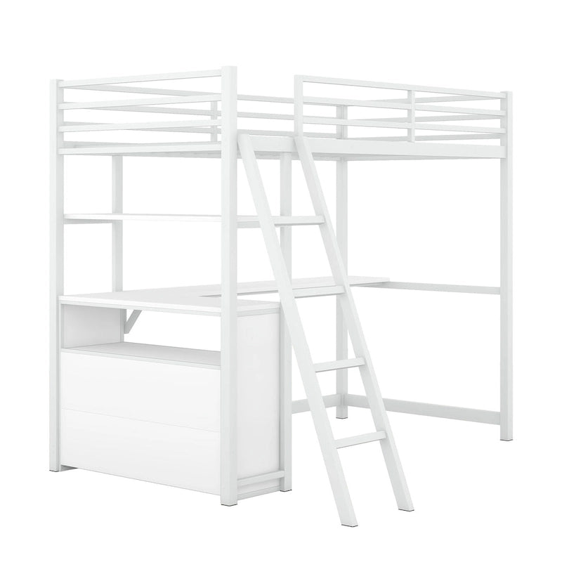 White Twin Size Metal Wood Loft Bed with Desk and Shelves, Two Built-in Drawers