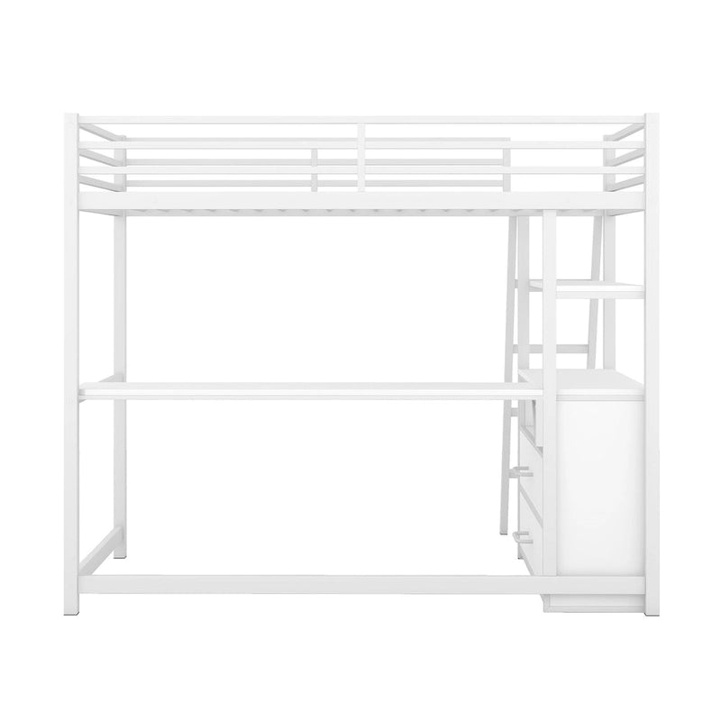 White Twin Size Metal Wood Loft Bed with Desk and Shelves, Two Built-in Drawers