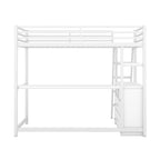 White Twin Size Metal Wood Loft Bed with Desk and Shelves, Two Built-in Drawers